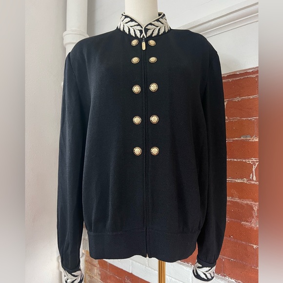 St. John Collection Jackets & Blazers - St John Santana Knit Embroidered Jacket Zip Front in Black Signature Hardware